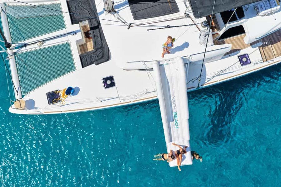Agios Nikolaos All-inclusive Catamaran Cruise & Water Toys - Cruising Mirabello Bay toward the Cave of Barbarossa