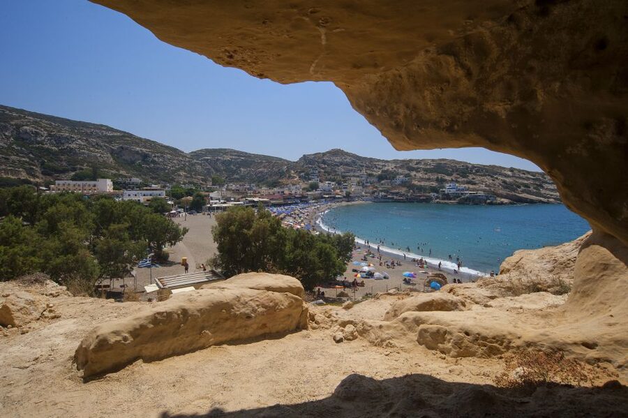 Crete: Matala Beach and Hippie caves, Red beach - Matala Beach: swimming, snorkeling, and caves on the cliff